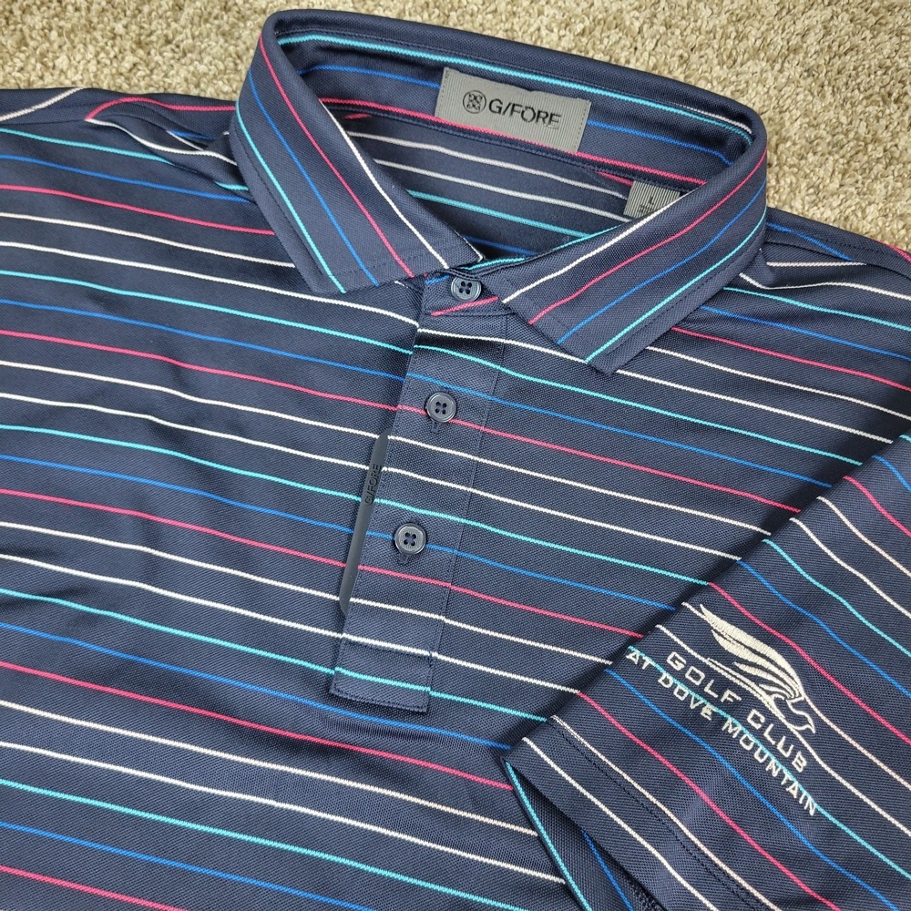 G/FORE Mens Large Black Multicolor Striped Performance Stretch Golf Polo SS